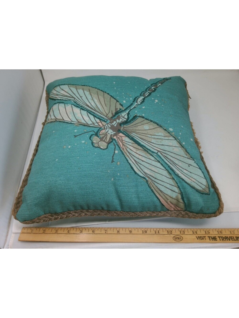 Decorative Dragonfly Accent Pillow with Rope Trim - Teal and Beige